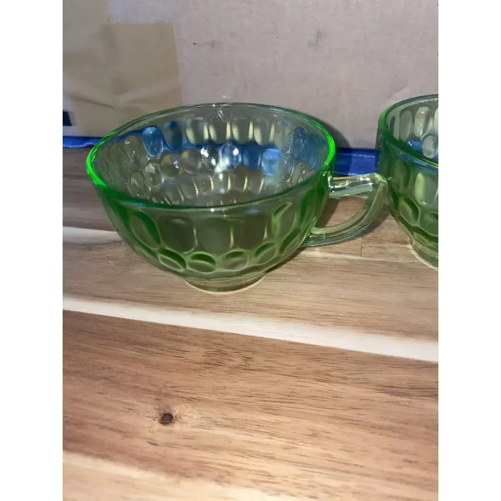 2 Pc Tea Cup Uranium Depression Glass Vintage Set Cups Mugs 1900s Antique Glows